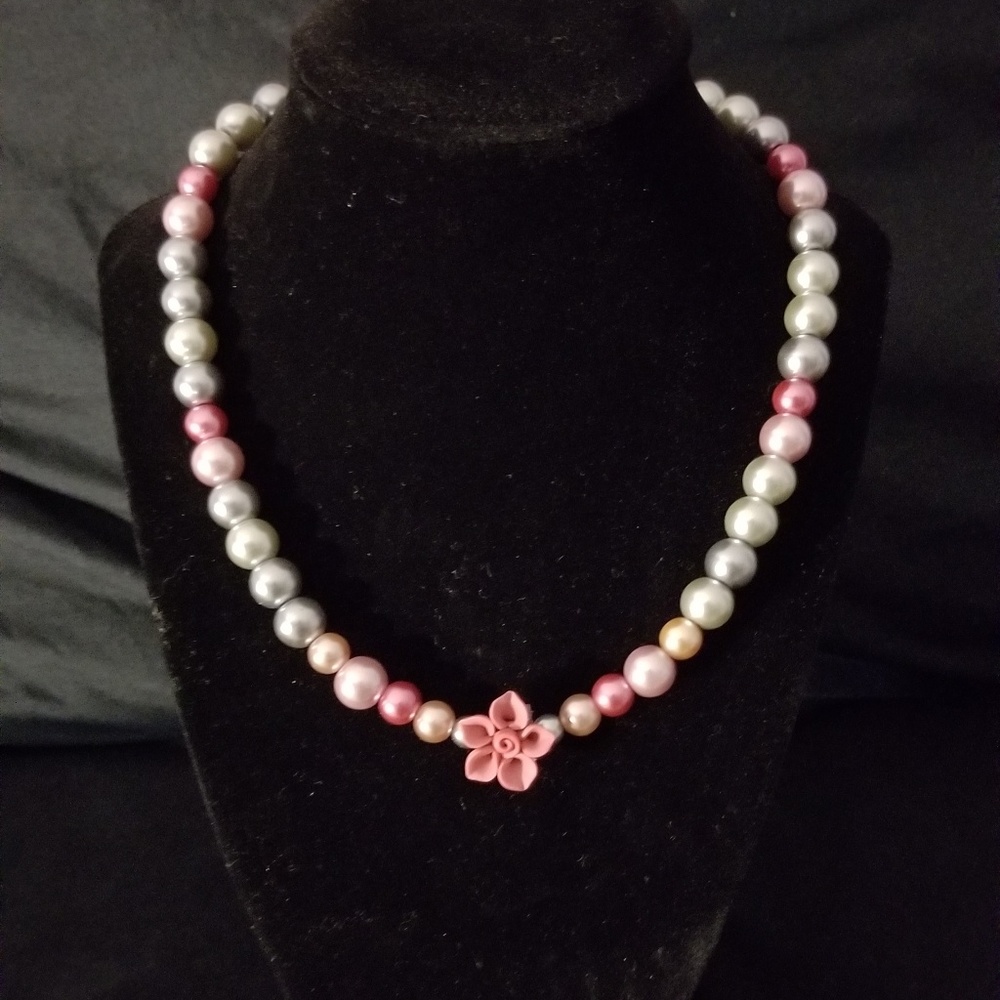 Pink and Silver Flower Pearl Necklace